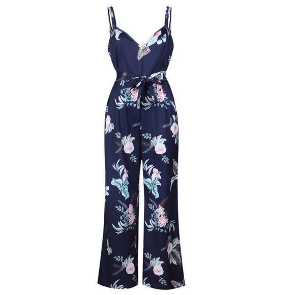 Blue Silky Floral Jumpsuit - Picture 5 of 7